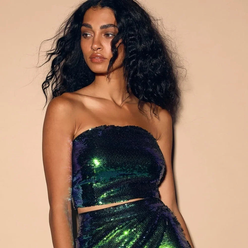 Lulus Dancefloor Favorite Green Multi Sequin Strapless Crop Top Size Small NWT